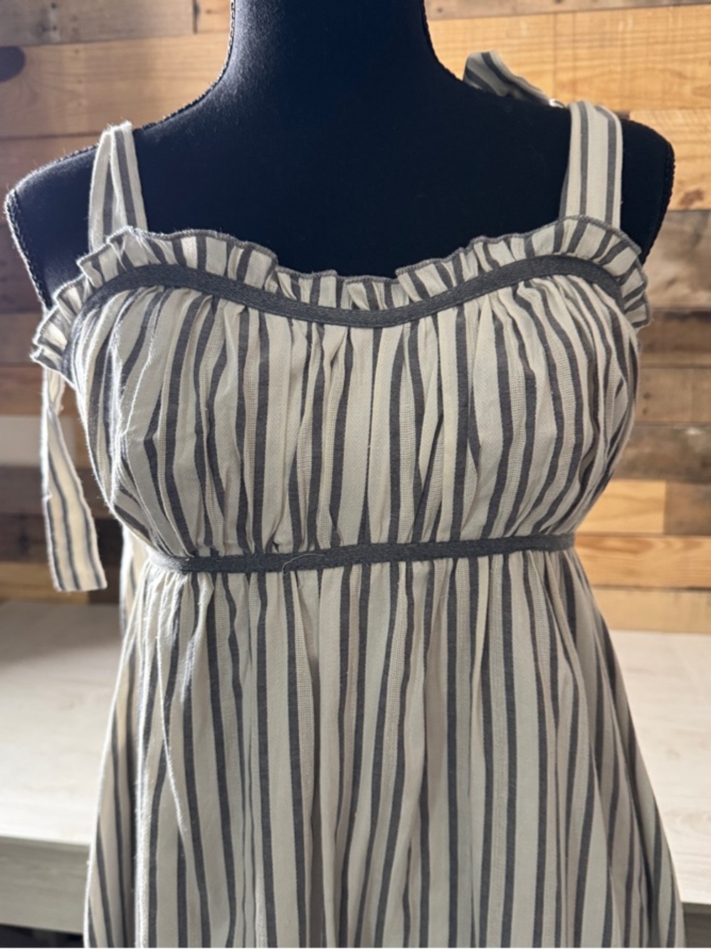 Listicle Cream Maxi Dress with Black Stripes and Ruffle Detail - Picture 3 of 5